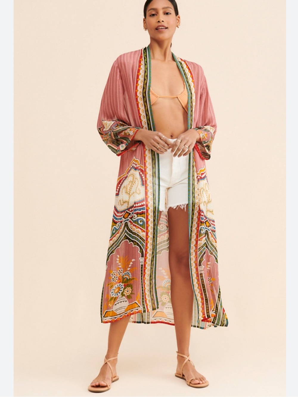 Bl-nk Evy Duster Printed Long Duster Robe with Multicolor Trim Boho